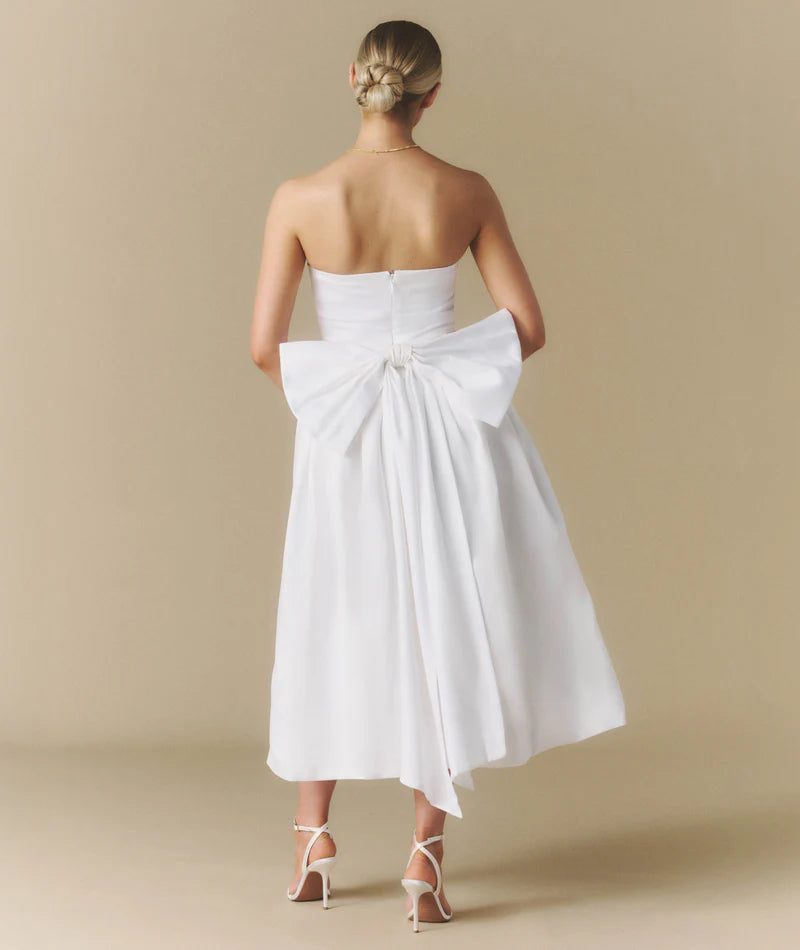 Weitese Dress Elegant Strapless Bow Back Pleated Midi Dress A-Line Solid Color Sleeveless Wedding Dress