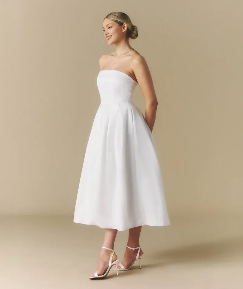 Weitese Dress Elegant Strapless Bow Back Pleated Midi Dress A-Line Solid Color Sleeveless Wedding Dress