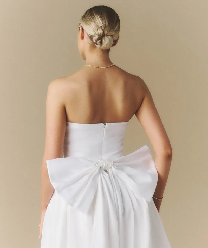 Weitese Dress Elegant Strapless Bow Back Pleated Midi Dress A-Line Solid Color Sleeveless Wedding Dress