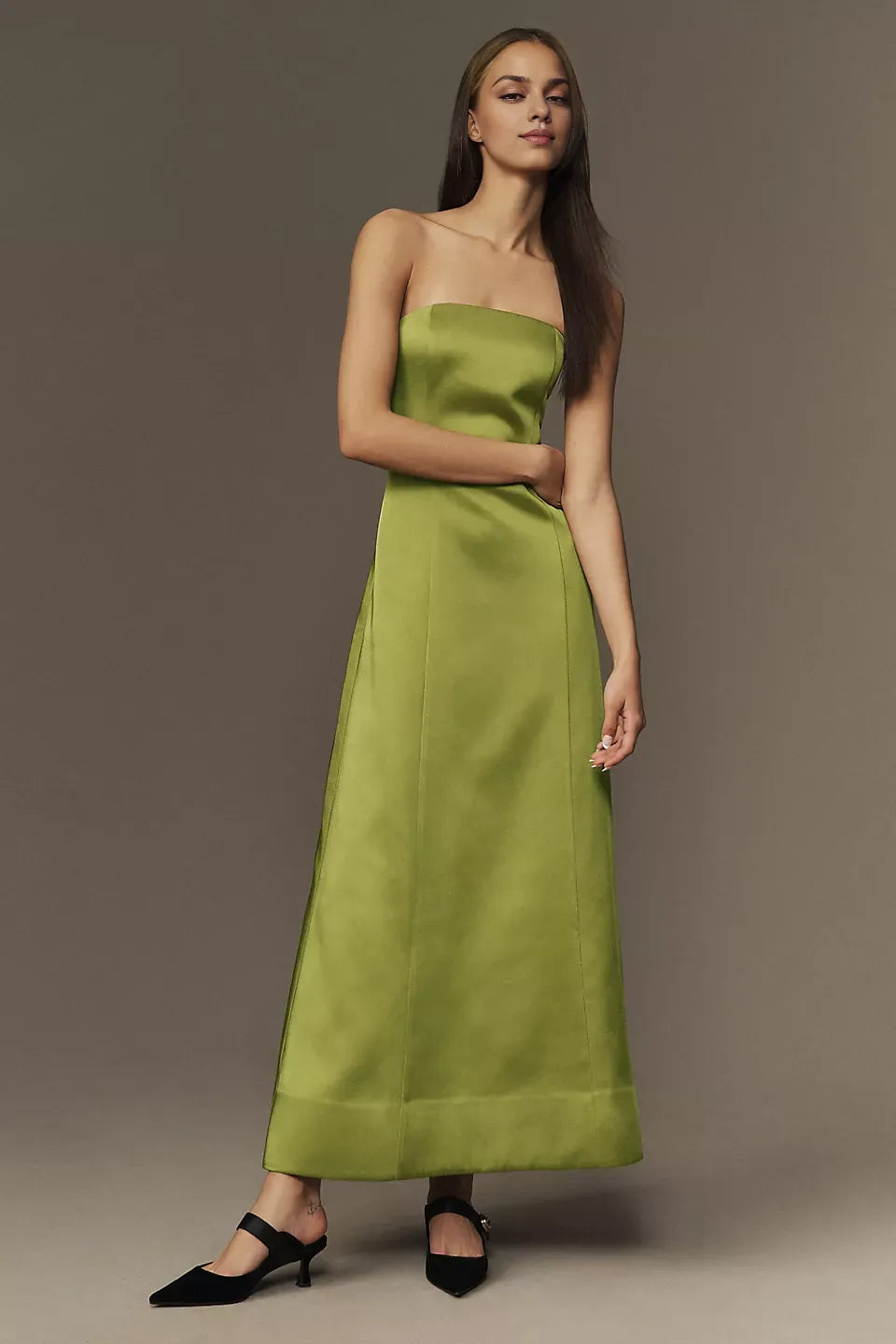 Robe Weitese élégante, sans bretelles, coupe ajustée et évasée, robe longue simple sans manches, robe de bal à lacets en satin olive 