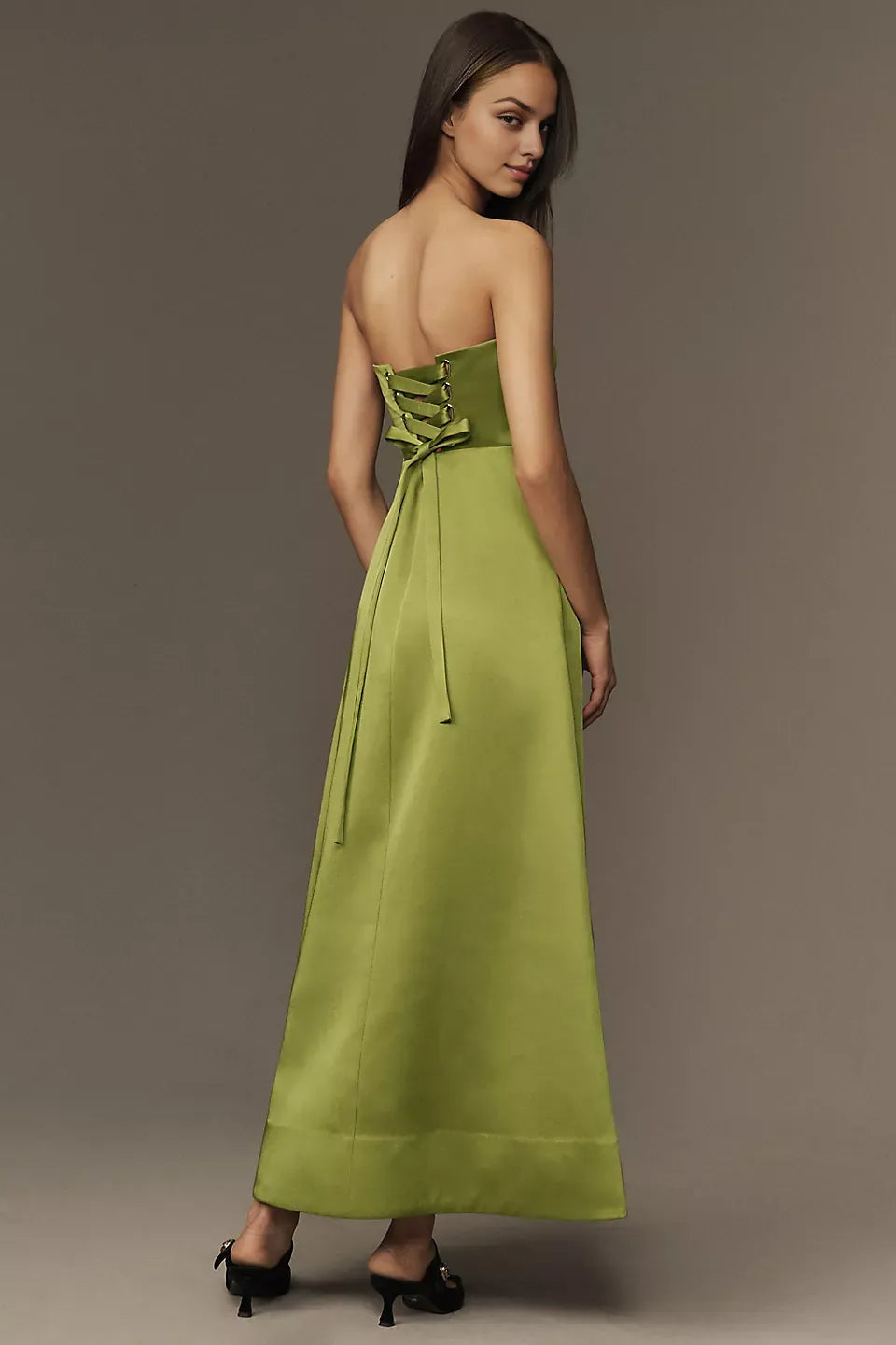 Robe Weitese élégante, sans bretelles, coupe ajustée et évasée, robe longue simple sans manches, robe de bal à lacets en satin olive 