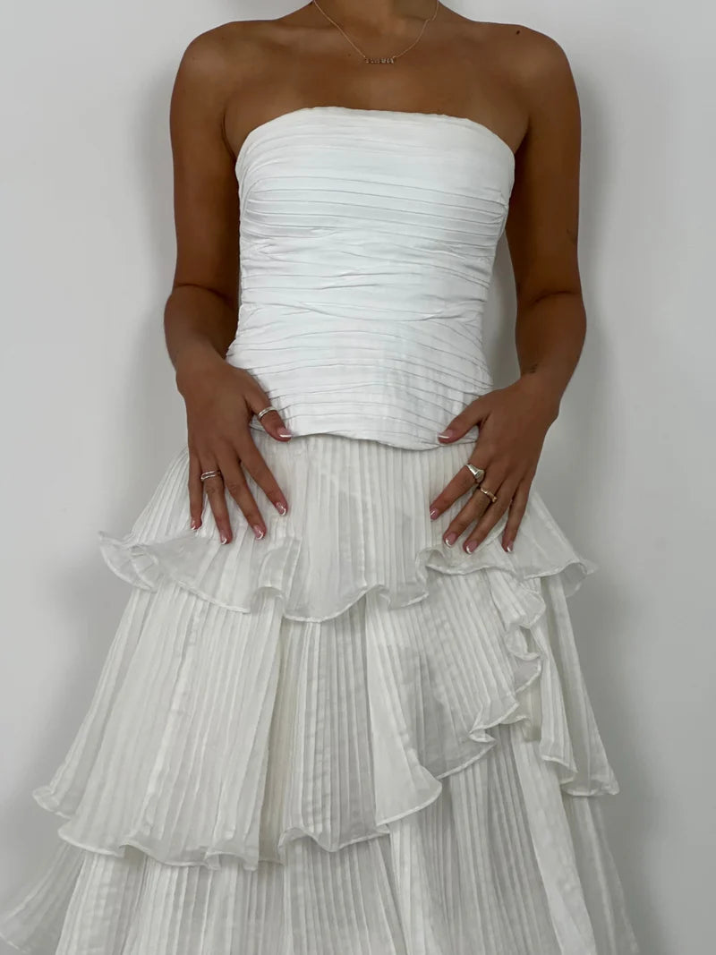 Weitese Dress Elegant Strapless Multi Layer Prom Dress A-Line Sleeveless Floor-Length Solid Color Maxi Dress