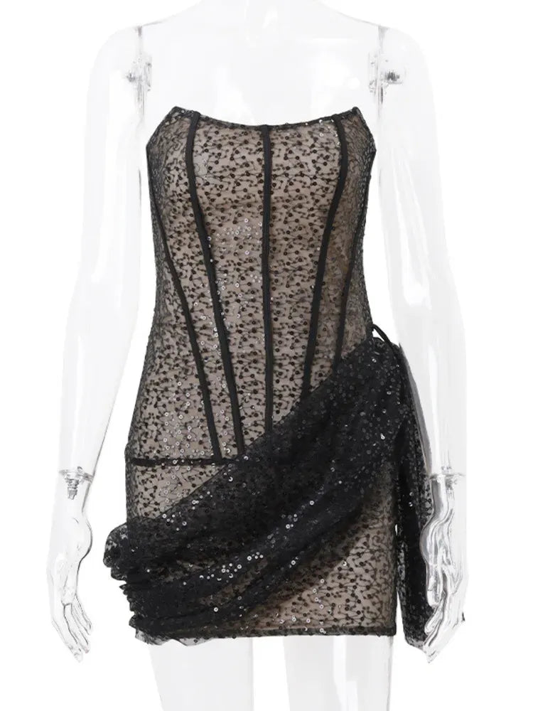 Vestido Weitese elegante sin tirantes, ajustado, sexy, minivestido para mujer, a la moda, con hombros descubiertos, espalda descubierta, sin mangas, con cordones, para fiesta en el club o en casa. 