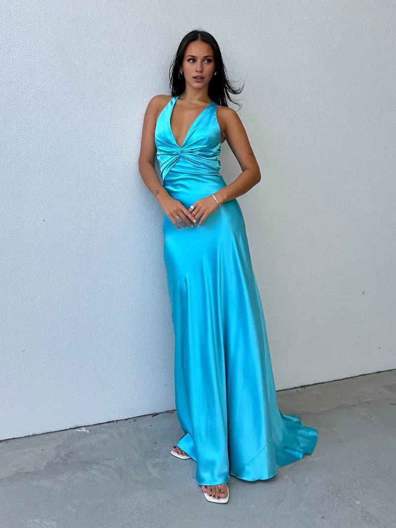 Weitese Dress Elegant V Neck Simple Prom Dress Mermaid/Trumpet Sleeveless Floor-Length Solid Color Maxi Dress