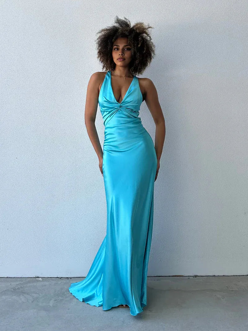 Weitese Dress Elegant V Neck Simple Prom Dress Mermaid/Trumpet Sleeveless Floor-Length Solid Color Maxi Dress