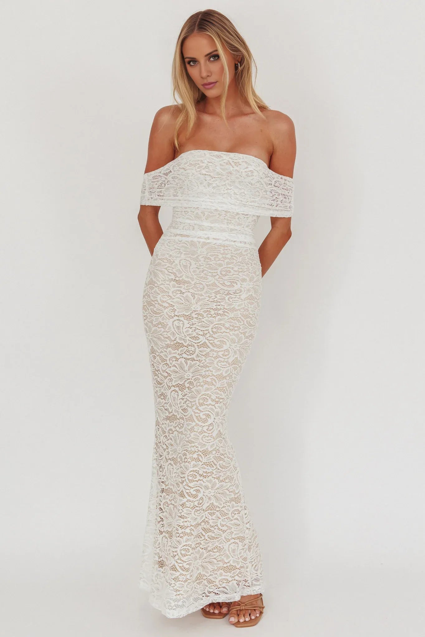Weitese Dress Elegant White Lace Gown Off Shoulder Neck Ruffled Overlay and Mermaid Style Maxi Length Prom Dress