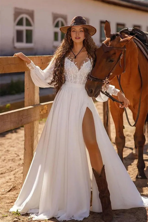 Weitese Dress Elegant White Long Sleeves Split A Line Maxi Dress Wedding Dress With Appliques