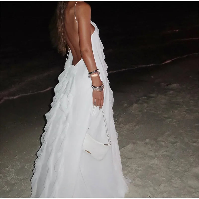 Weitese Dress Elegant White Ruffles Edge Backless Long Dresses Women Sexy Off Shoulder Loose Maxi Dress Fashion Beach Vacation Party Prom Dress