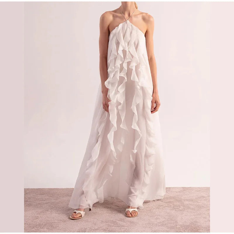 Weitese Dress Elegant White Ruffles Edge Backless Long Dresses Women Sexy Off Shoulder Loose Maxi Dress Fashion Beach Vacation Party Prom Dress