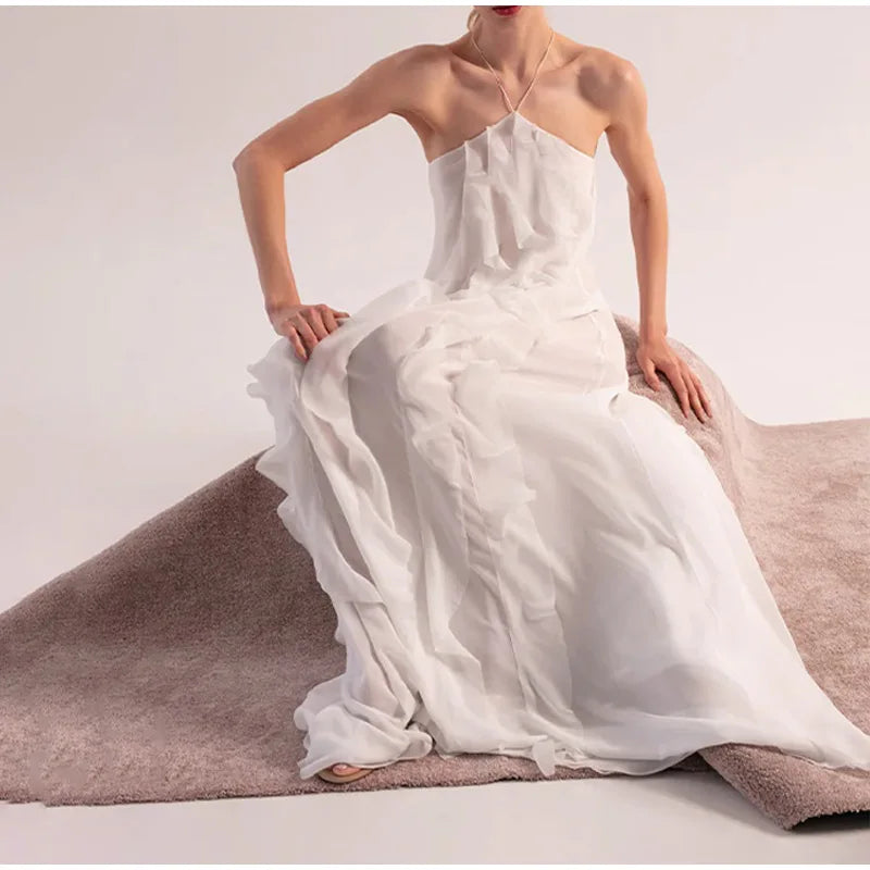 Weitese Dress Elegant White Ruffles Edge Backless Long Dresses Women Sexy Off Shoulder Loose Maxi Dress Fashion Beach Vacation Party Prom Dress