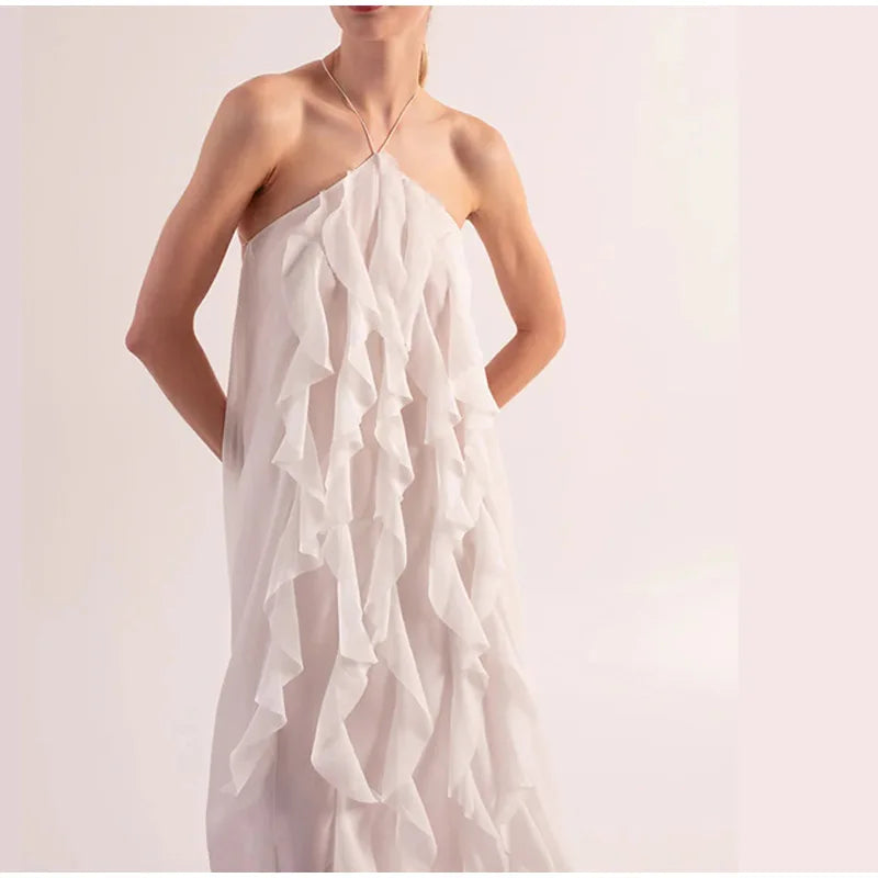 Weitese Dress Elegant White Ruffles Edge Backless Long Dresses Women Sexy Off Shoulder Loose Maxi Dress Fashion Beach Vacation Party Prom Dress