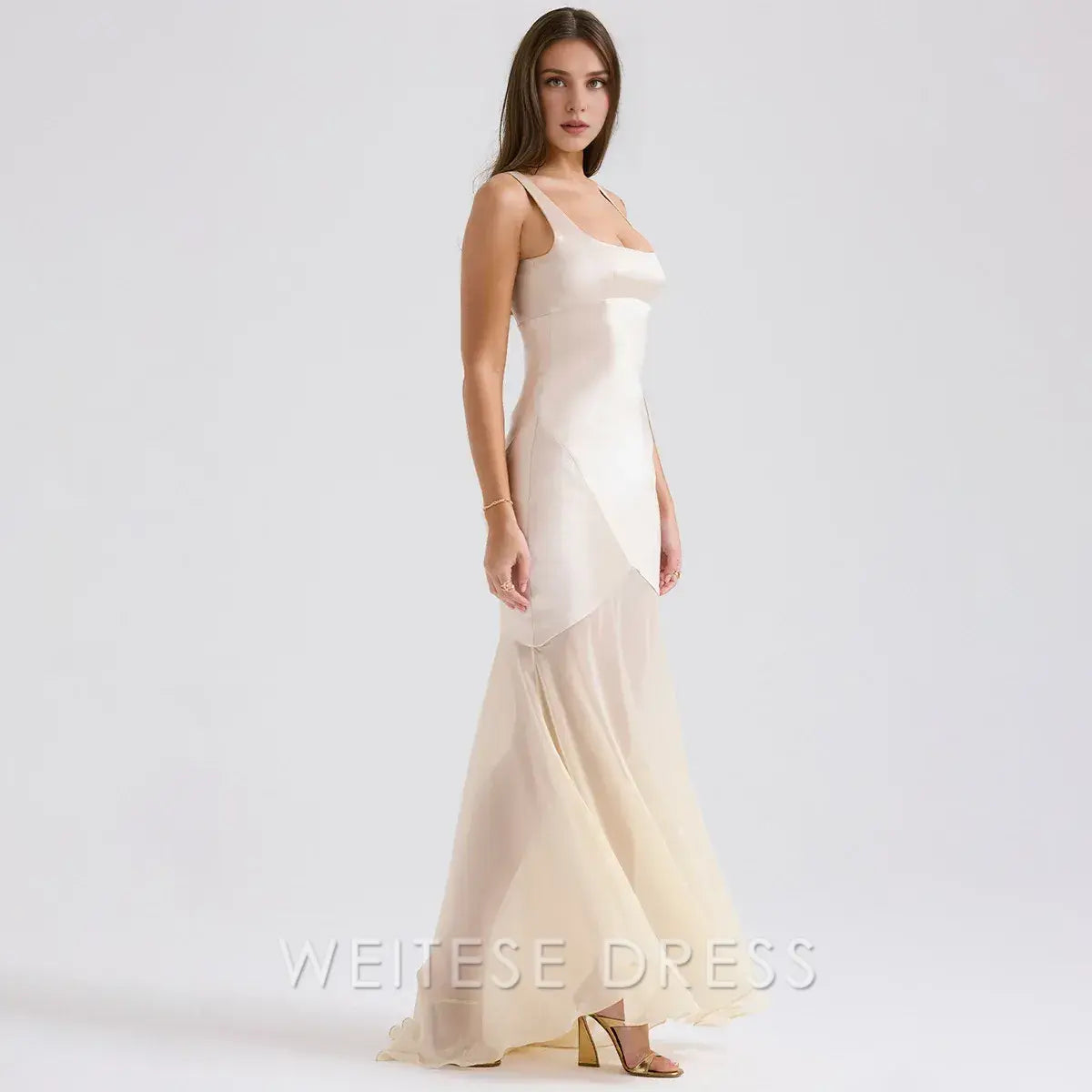 Weitese Dress Elegant Women Spring High Chiffon Splicing Dress Slim Backband Wrapped Hip Forged Face Dress Elegant Floor Evening Dress Prom Dress