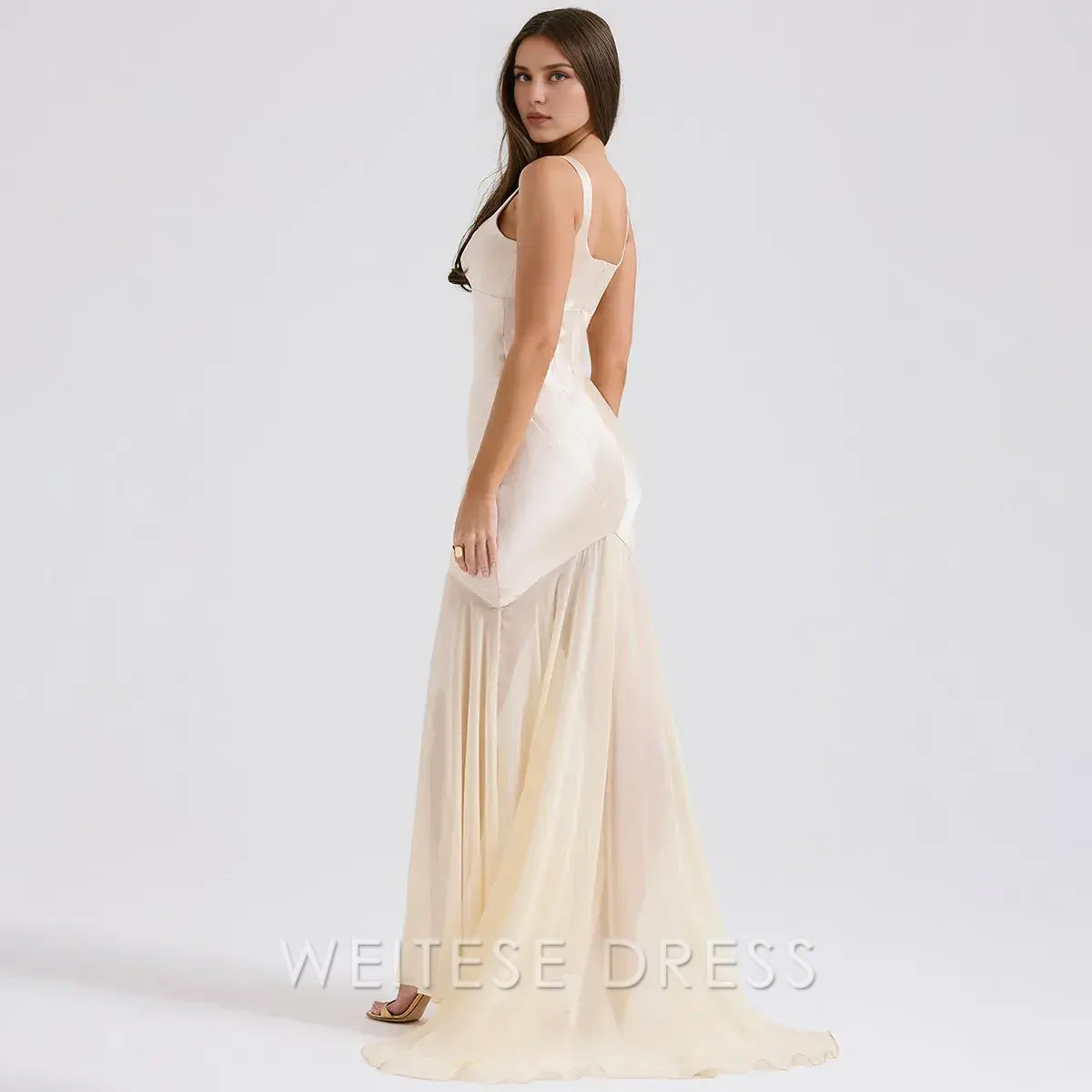 Weitese Dress Elegant Women Spring High Chiffon Splicing Dress Slim Backband Wrapped Hip Forged Face Dress Elegant Floor Evening Dress Prom Dress
