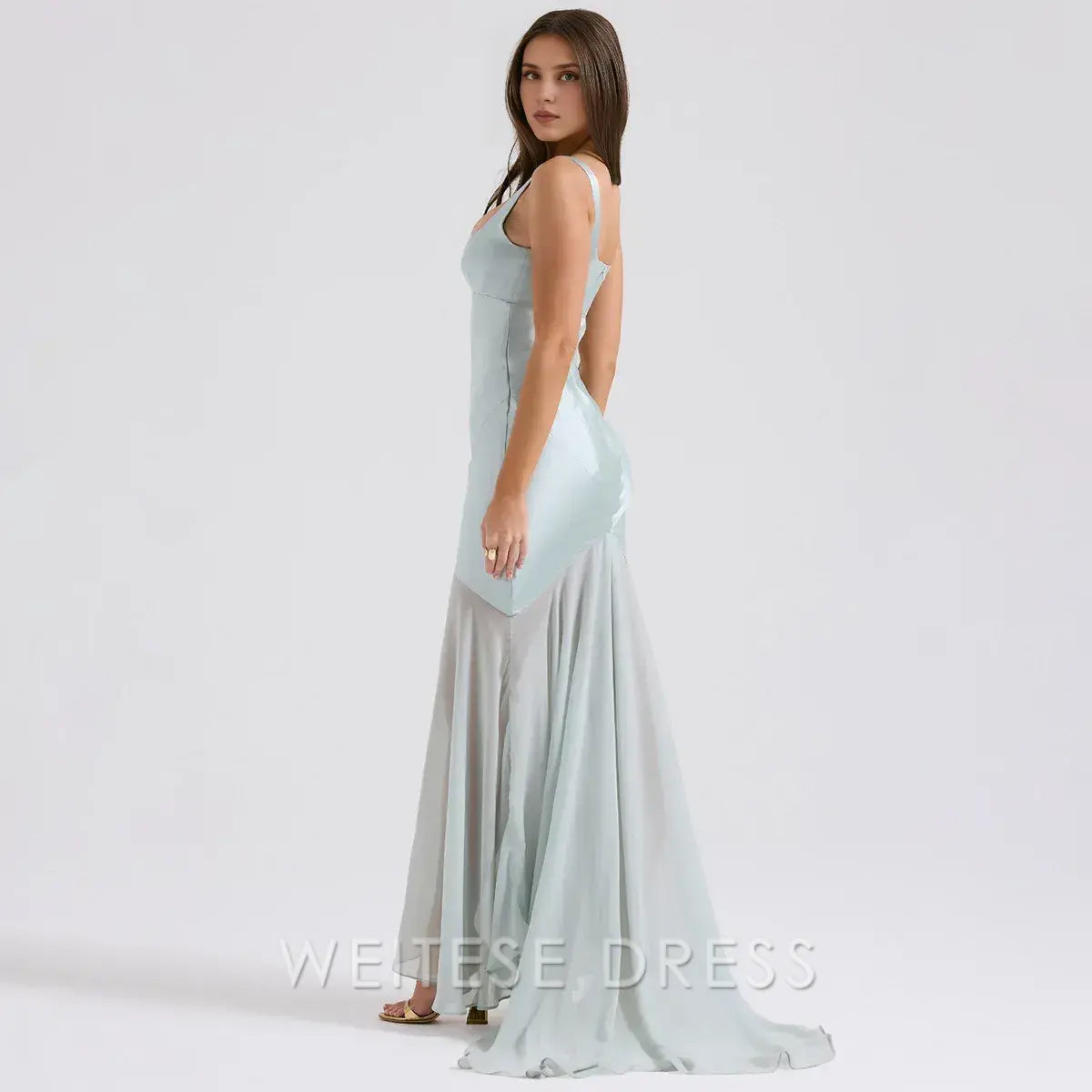 Weitese Dress Elegant Women Spring High Chiffon Splicing Dress Slim Backband Wrapped Hip Forged Face Dress Elegant Floor Evening Dress Prom Dress