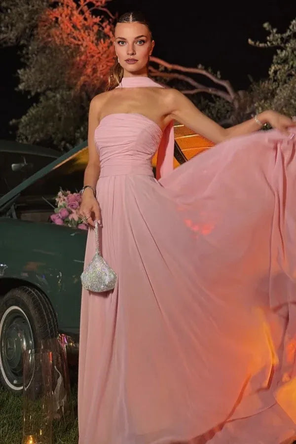 Weitese Dress Elegant & Gorgeous A-Line Strapless Sleeveless Party Prom Gown Chiffon Floor Length Evening Formal Dress Wedding Guest Dress