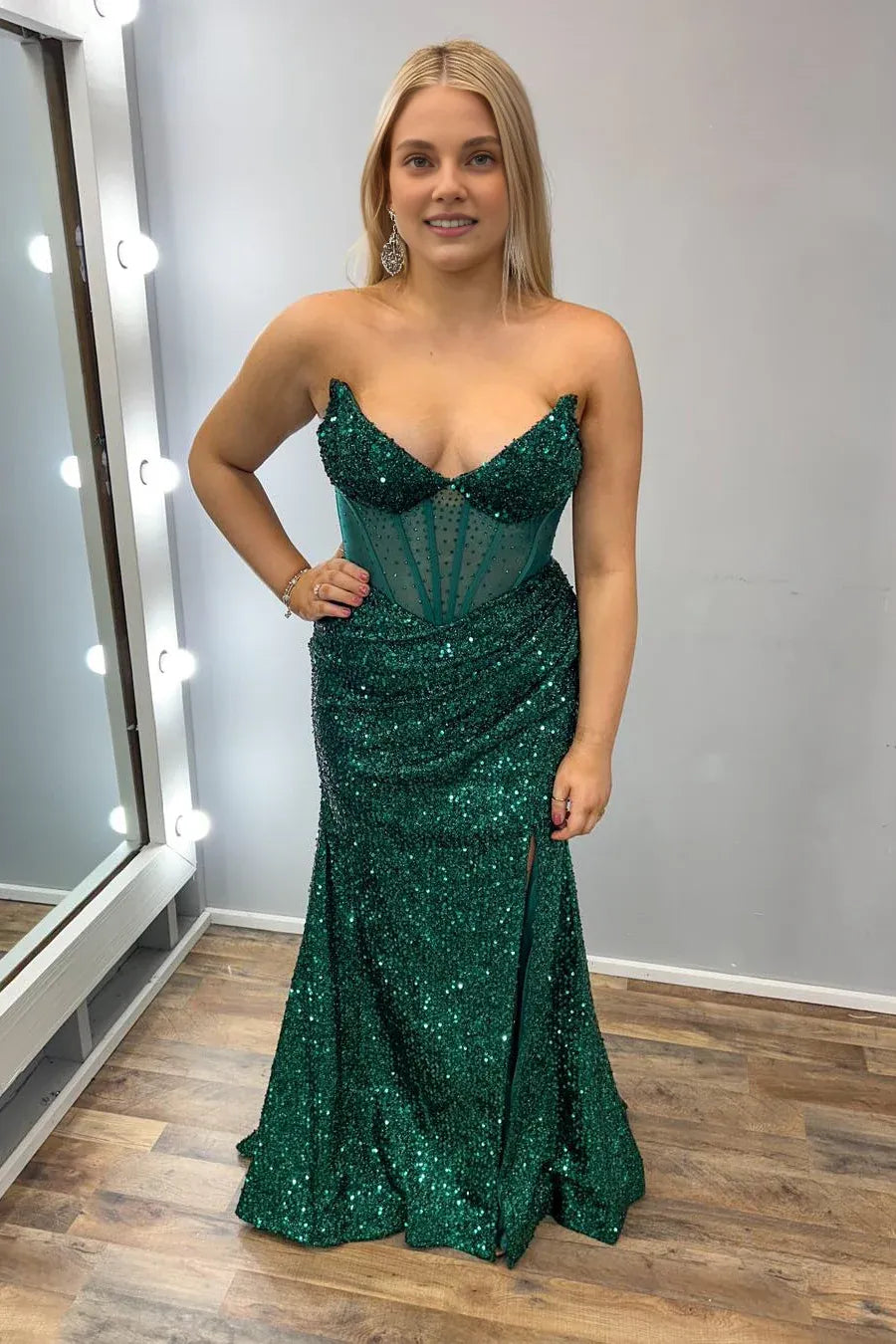 Weitese Dress Emerald Green Sequin Mermaid Long Party Dress Prom Dress With Side Slit