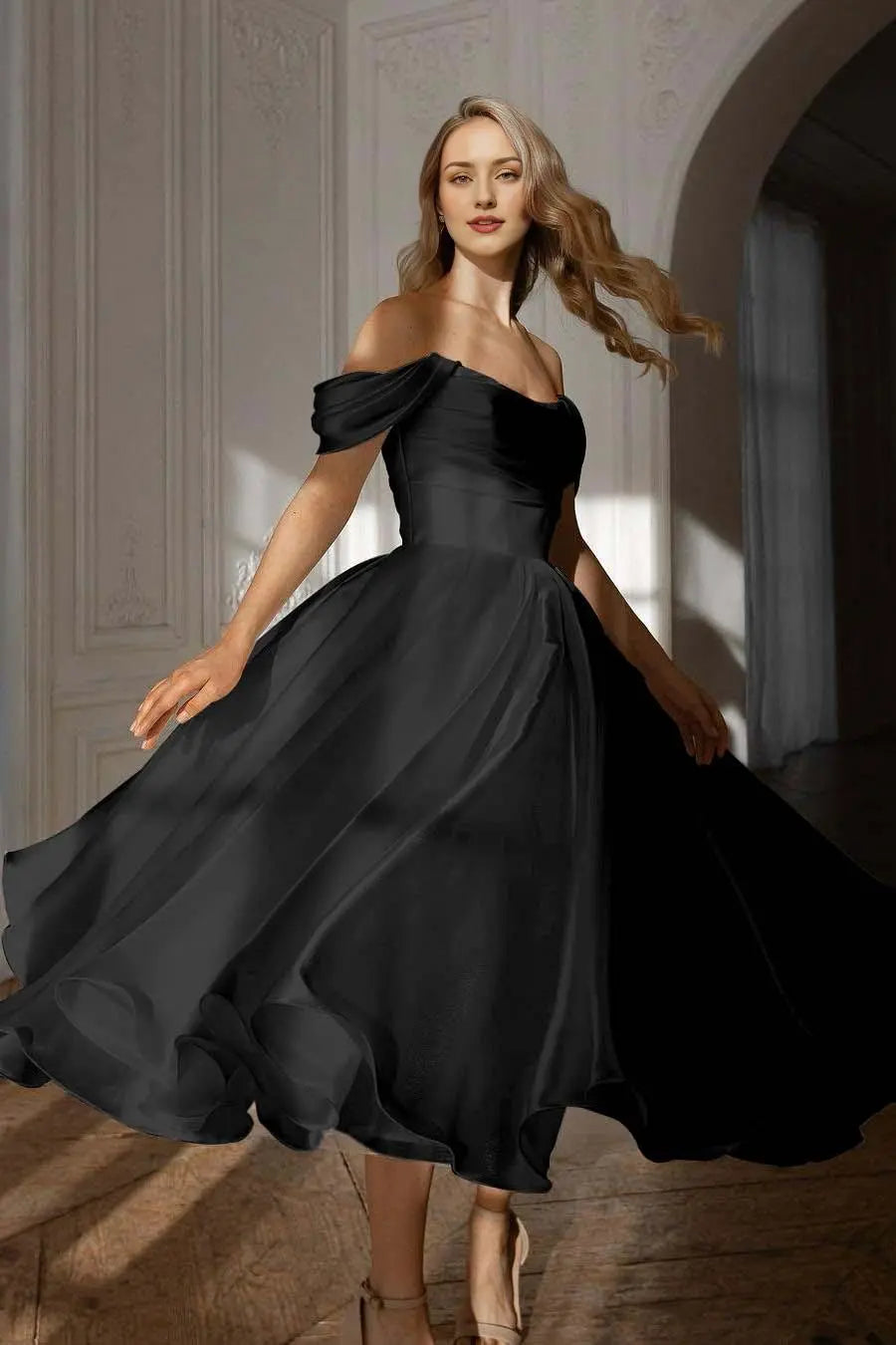 Weitese Dress Exquisite White Satin Strapless Off the Shoulder A Line Party Dress with Ruffles Prom Dress