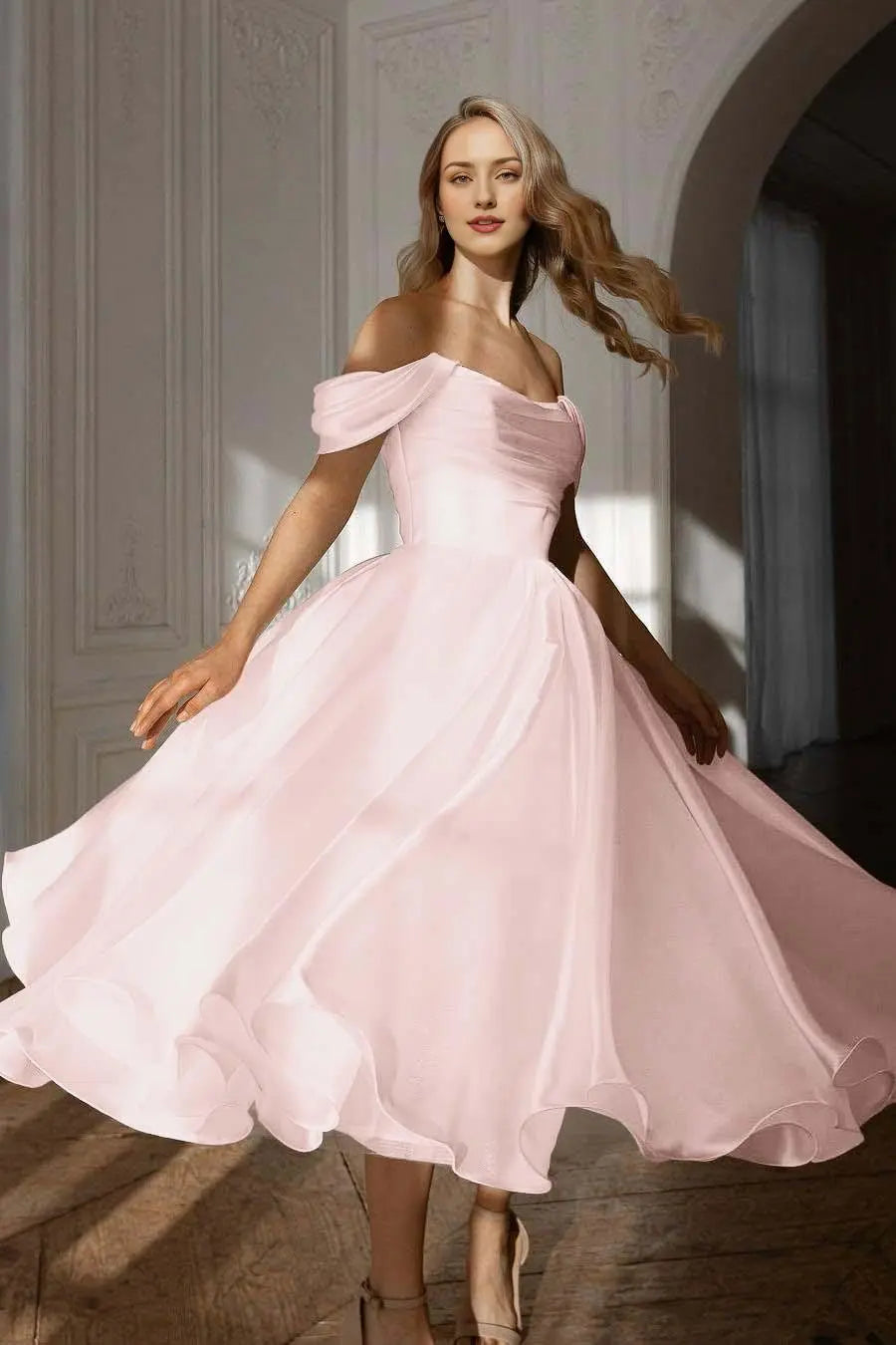 Weitese Dress Exquisite White Satin Strapless Off the Shoulder A Line Party Dress with Ruffles Prom Dress