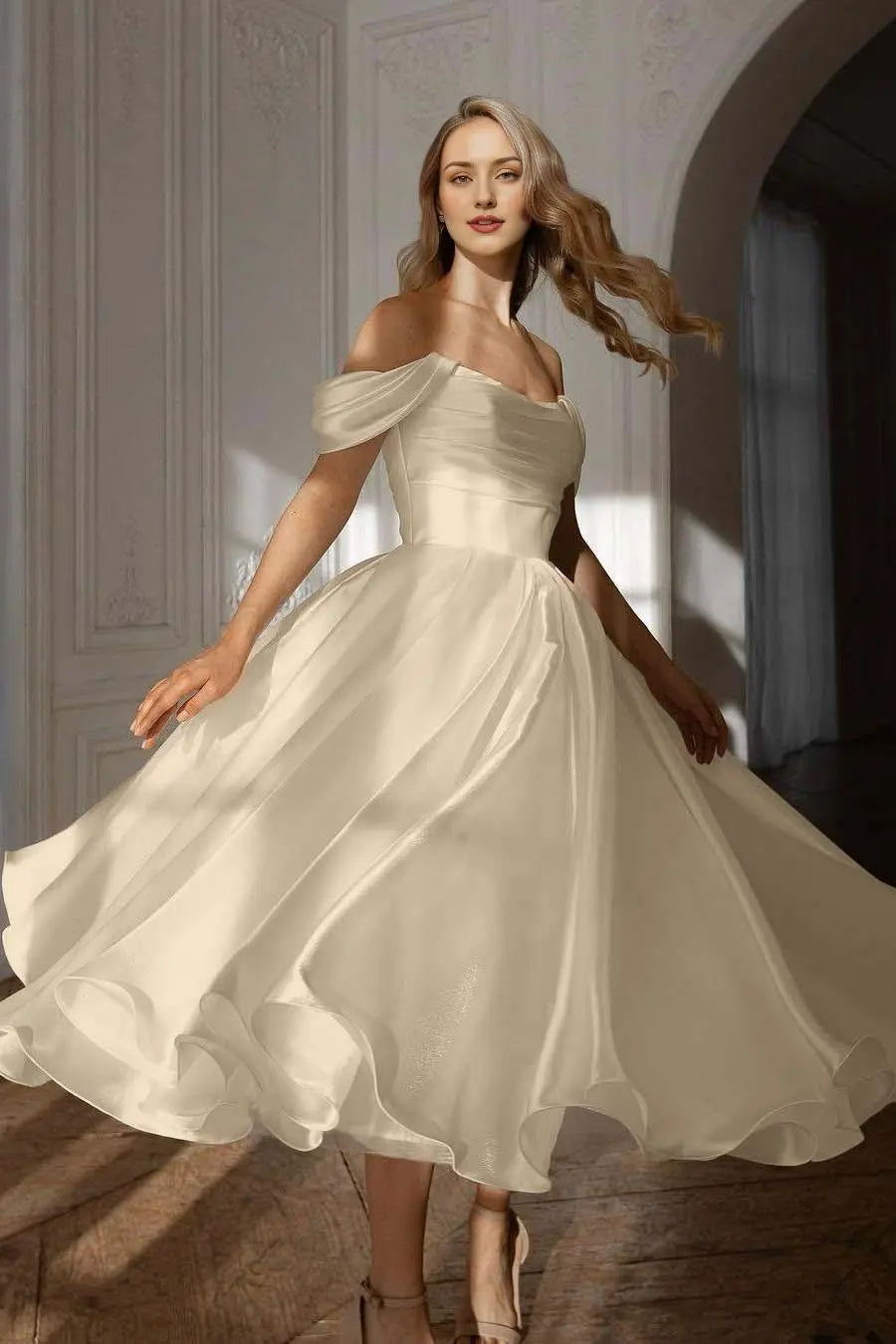 Weitese Dress Exquisite White Satin Strapless Off the Shoulder A Line Party Dress with Ruffles Prom Dress