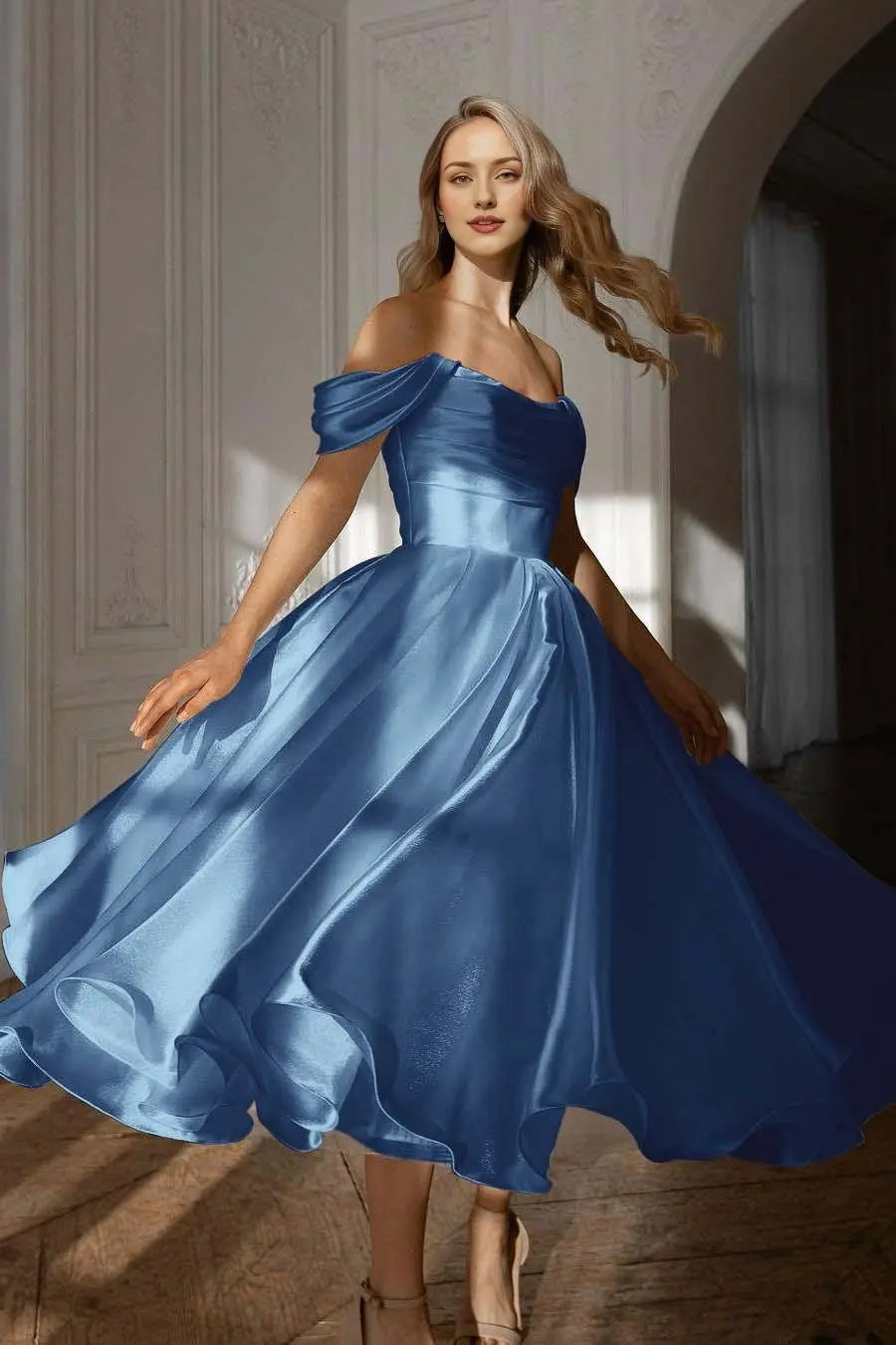 Weitese Dress Exquisite White Satin Strapless Off the Shoulder A Line Party Dress with Ruffles Prom Dress