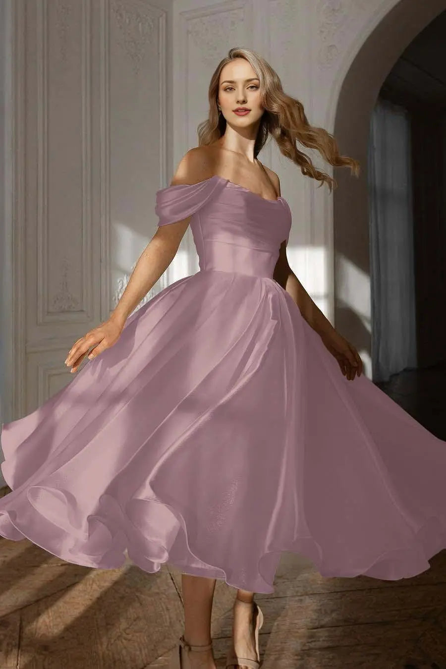Weitese Dress Exquisite White Satin Strapless Off the Shoulder A Line Party Dress with Ruffles Prom Dress