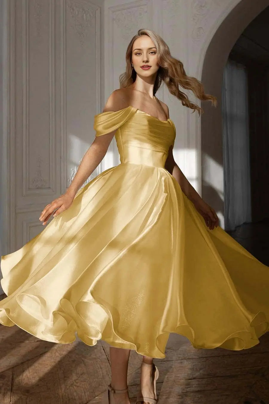 Weitese Dress Exquisite White Satin Strapless Off the Shoulder A Line Party Dress with Ruffles Prom Dress