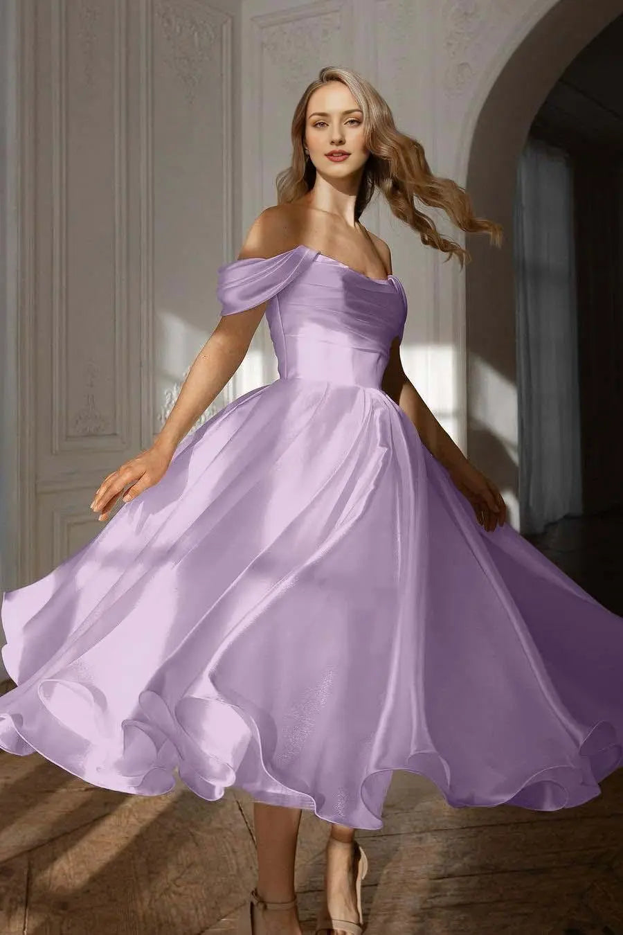 Weitese Dress Exquisite White Satin Strapless Off the Shoulder A Line Party Dress with Ruffles Prom Dress