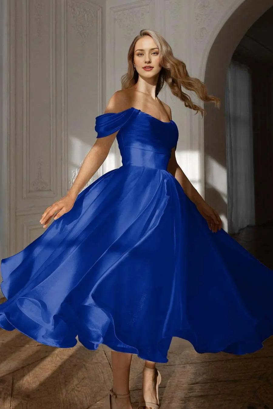 Weitese Dress Exquisite White Satin Strapless Off the Shoulder A Line Party Dress with Ruffles Prom Dress