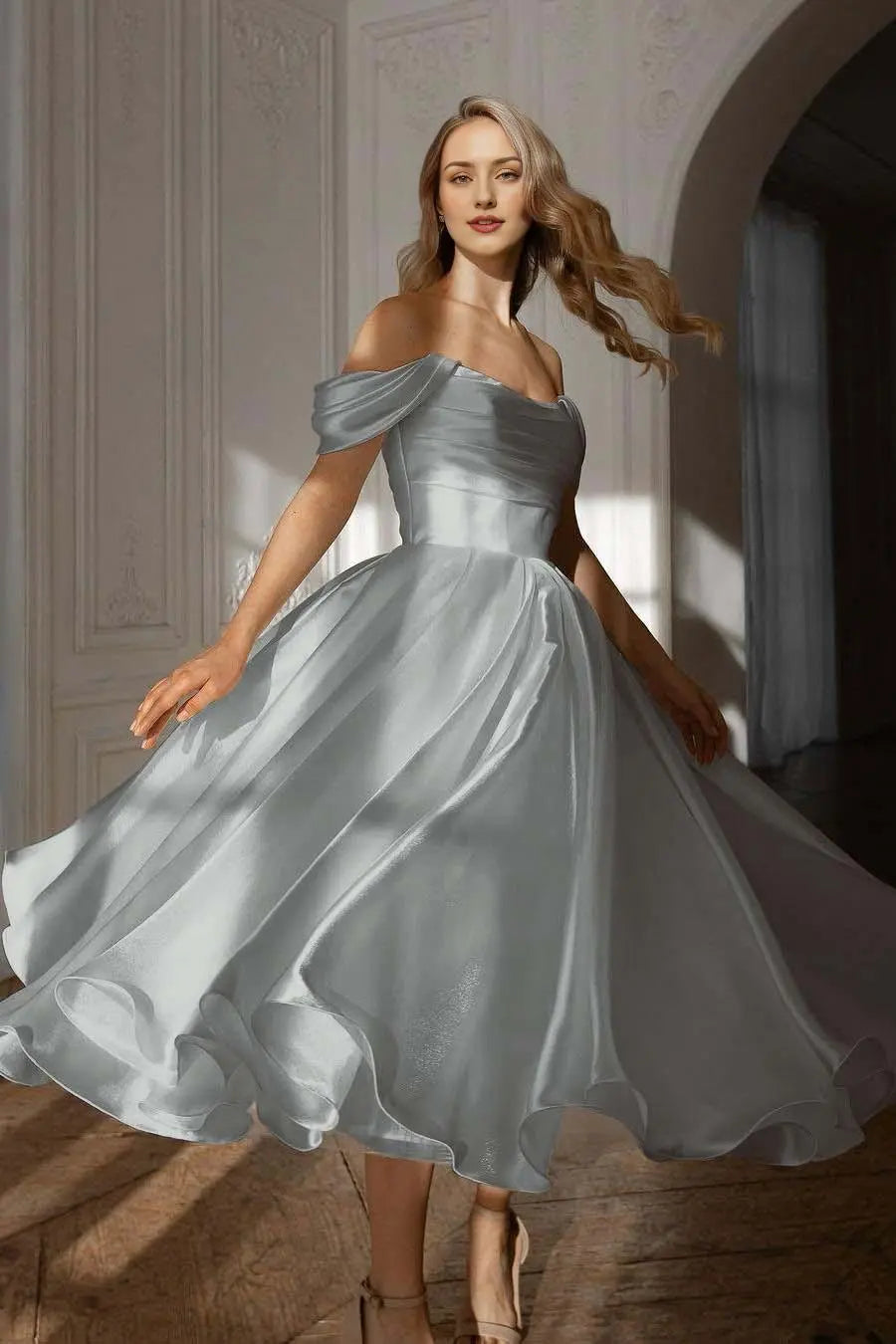 Weitese Dress Exquisite White Satin Strapless Off the Shoulder A Line Party Dress with Ruffles Prom Dress