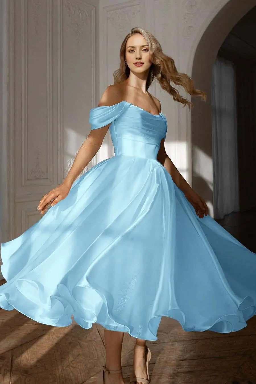 Weitese Dress Exquisite White Satin Strapless Off the Shoulder A Line Party Dress with Ruffles Prom Dress