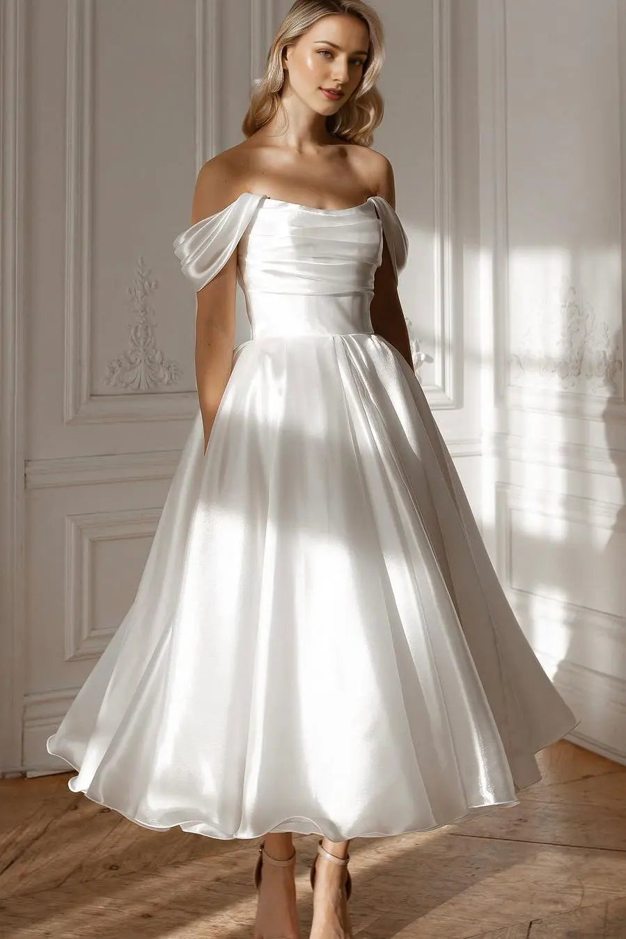 Weitese Dress Exquisite White Satin Strapless Off the Shoulder A Line Party Dress with Ruffles Prom Dress