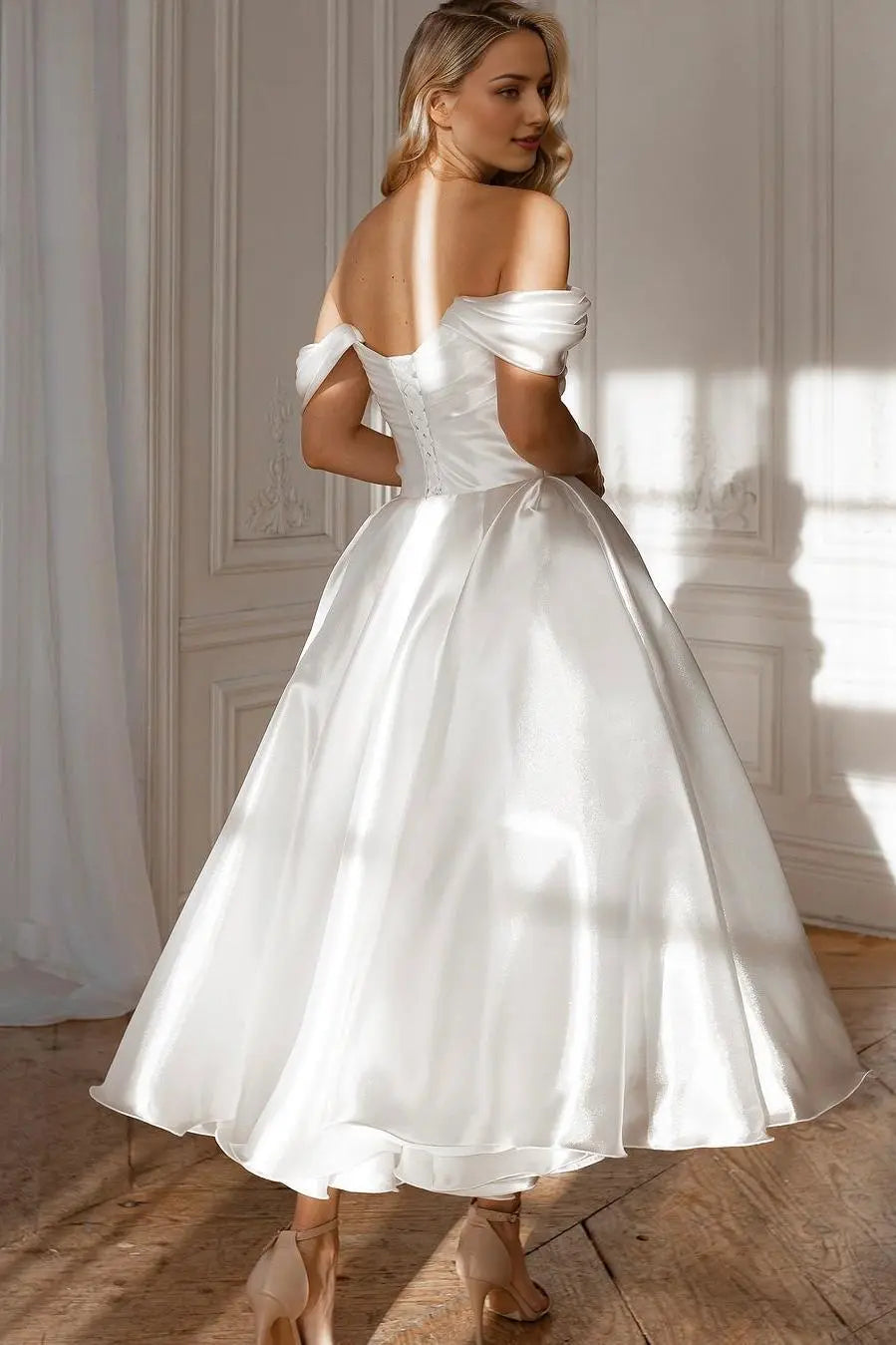Weitese Dress Exquisite White Satin Strapless Off the Shoulder A Line Party Dress with Ruffles Prom Dress