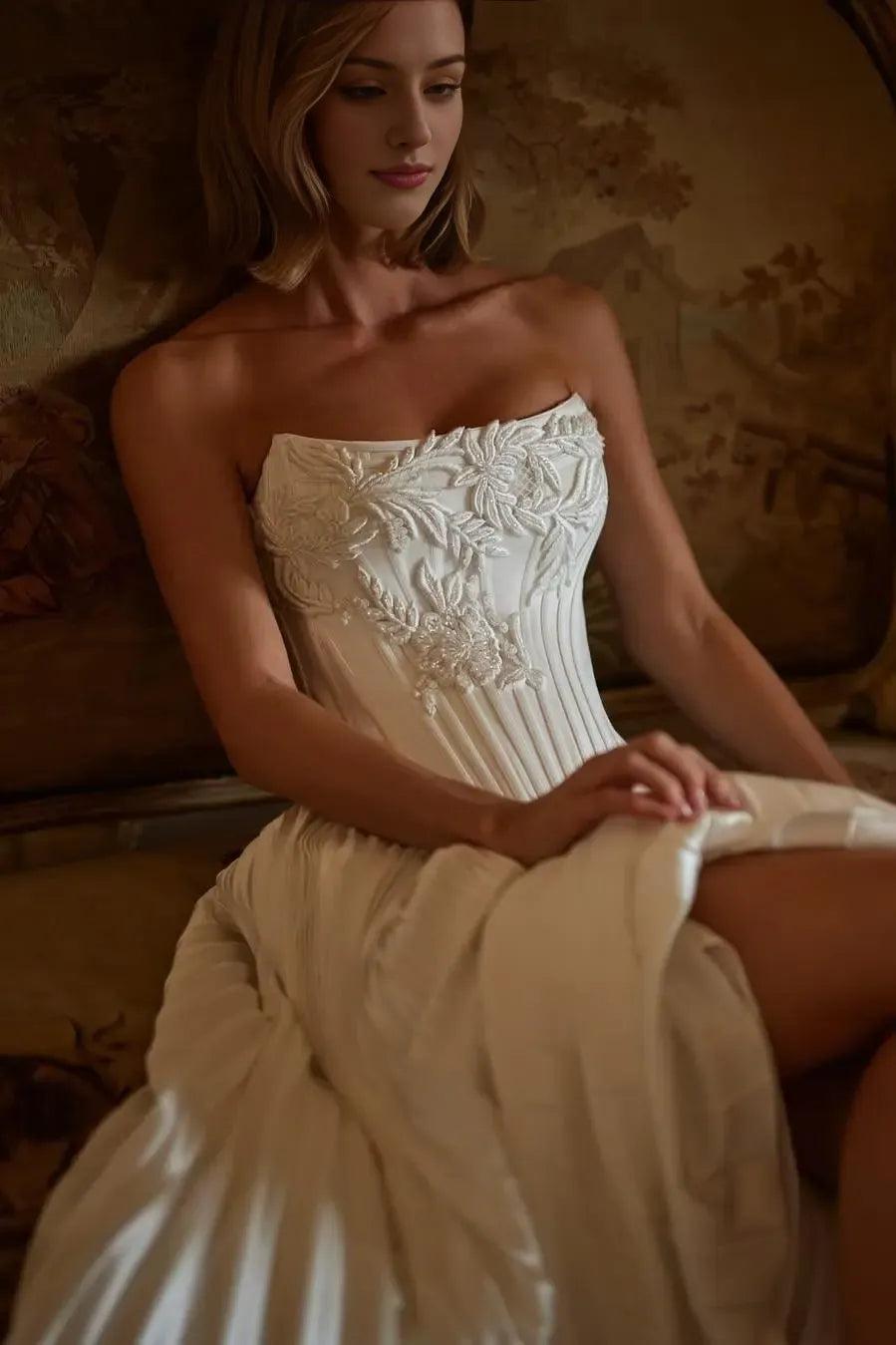 Weitese Dress Exquisite White Satin Strapless Sleeveless Maxi Dress Pleated Wedding Dress with Applique