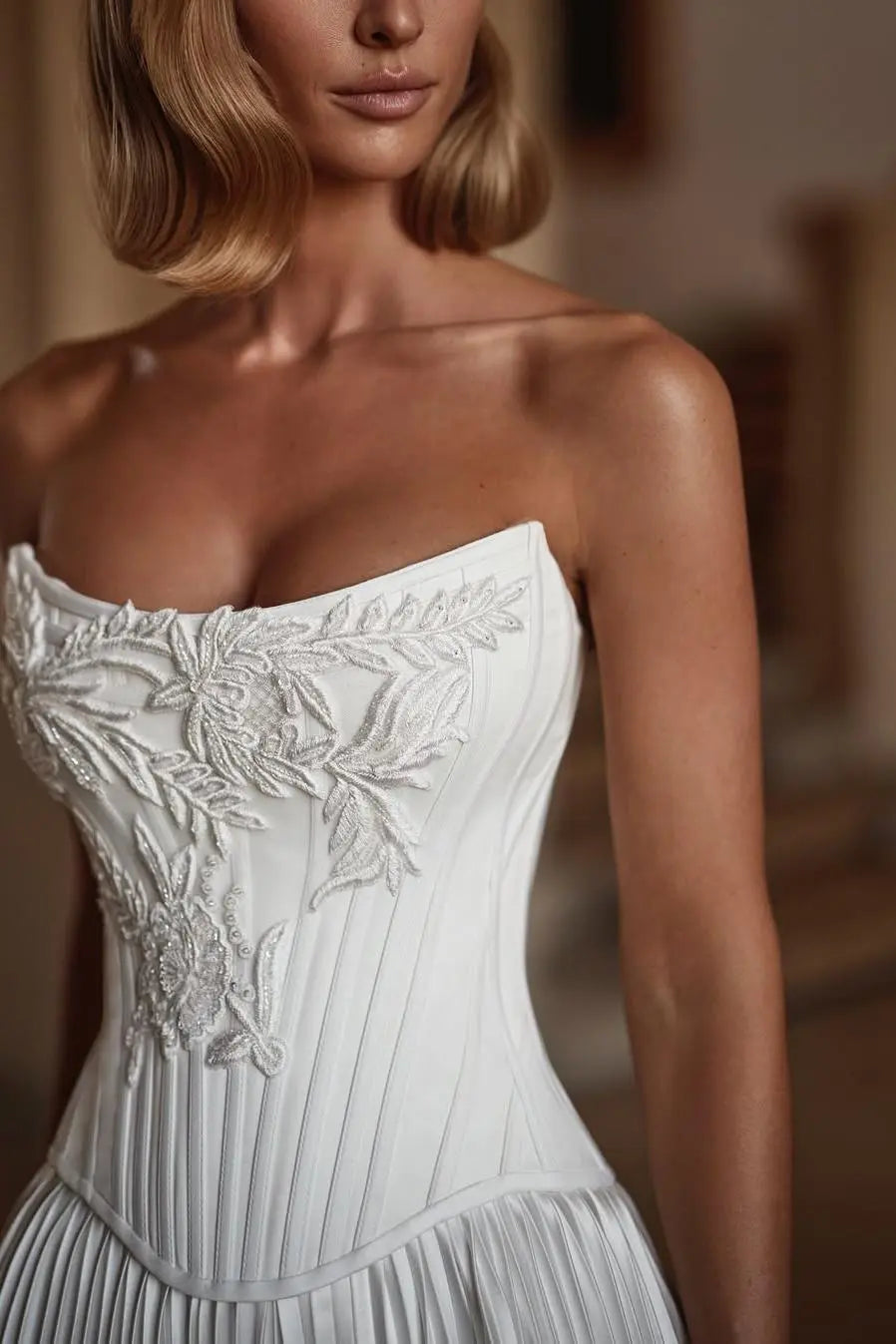 Weitese Dress Exquisite White Satin Strapless Sleeveless Maxi Dress Pleated Wedding Dress with Applique