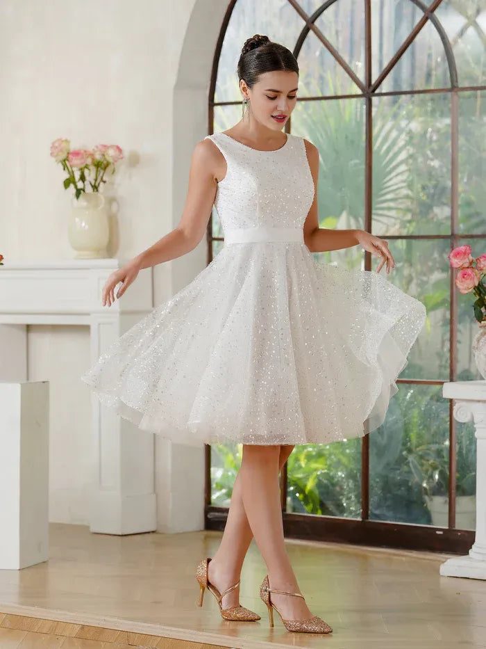 Weitese Dress Fabulous A-Line Tulle Scoop Sleeveless Off White Party Dress With Sequined Prom Dress