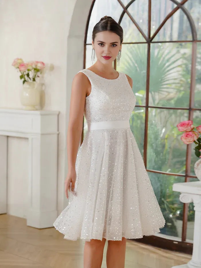 Weitese Dress Fabulous A-Line Tulle Scoop Sleeveless Off White Party Dress With Sequined Prom Dress