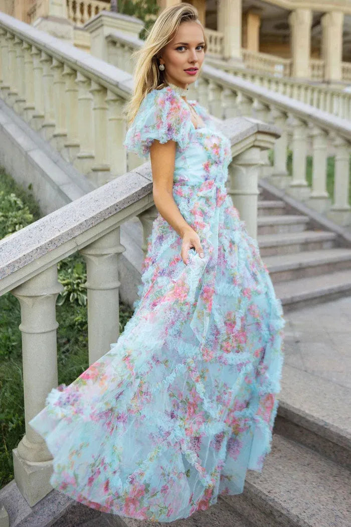 Robe de bal Weitese en tulle à fleurs de conte de fées, manches bouffantes, nœud papillon, volants superposés 