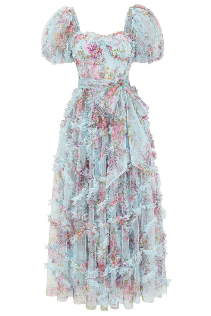 Robe de bal Weitese en tulle à fleurs de conte de fées, manches bouffantes, nœud papillon, volants superposés 