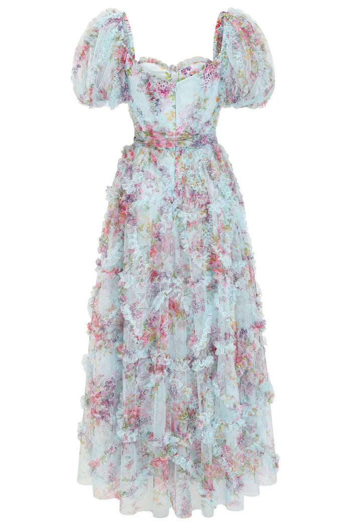 Robe de bal Weitese en tulle à fleurs de conte de fées, manches bouffantes, nœud papillon, volants superposés 
