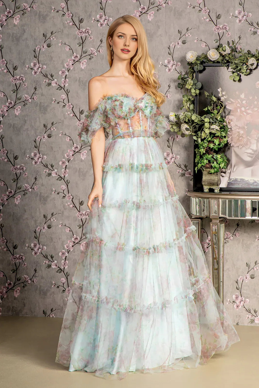 Robe Weitese Fashion A-Line à épaules dénudées en tulle, manches bouffantes, robe de soirée longue, dos nu 