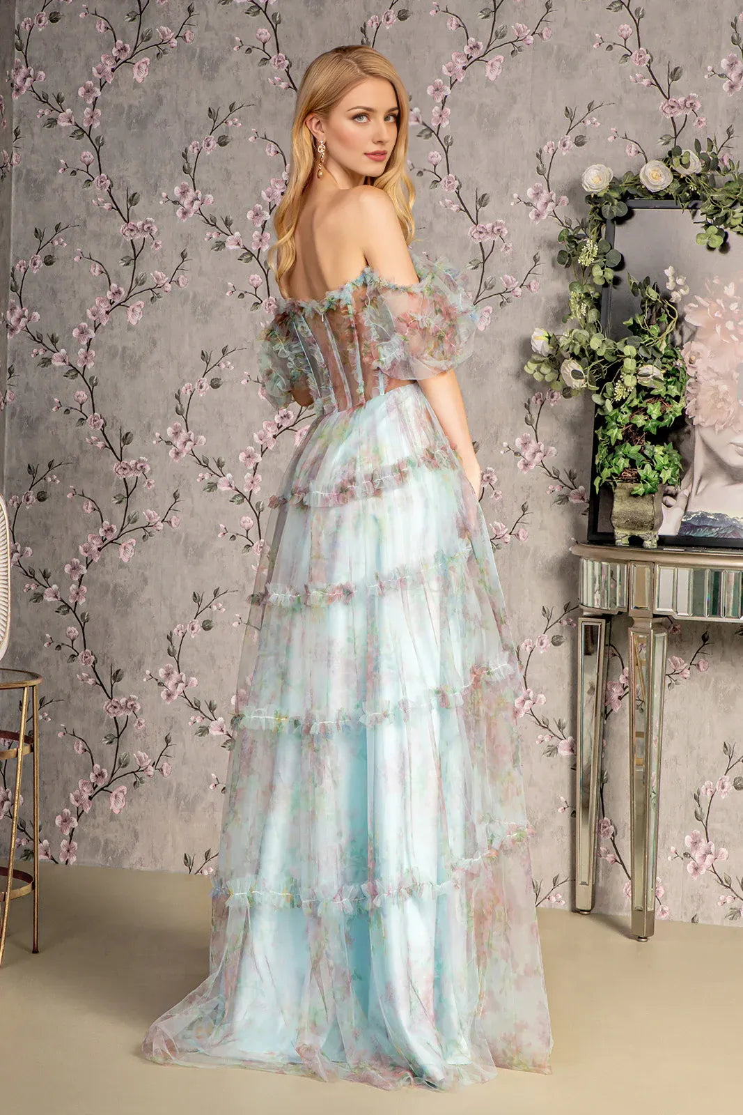 Robe Weitese Fashion A-Line à épaules dénudées en tulle, manches bouffantes, robe de soirée longue, dos nu 