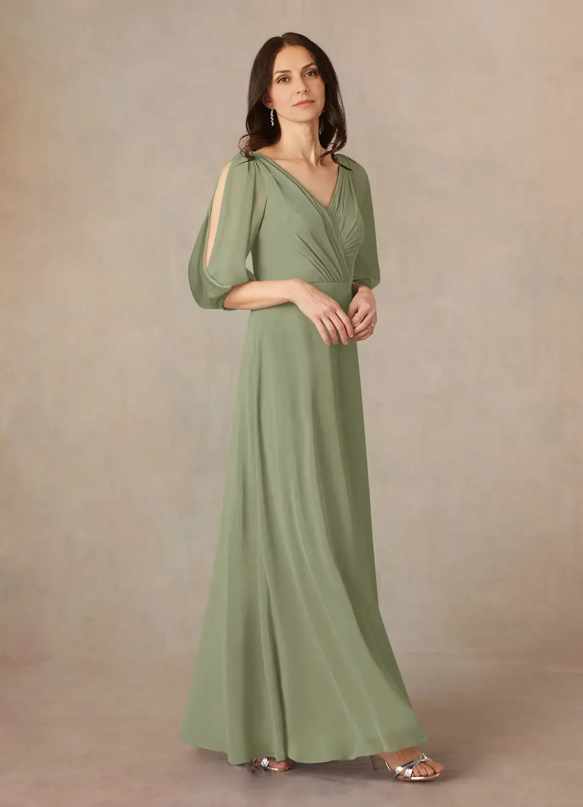 Weitese Dress Fashion A-Line V-Neck Ruched Chiffon Dress Floor-Length Dress Puff Sleeve V Back Mother of the Bride Dress