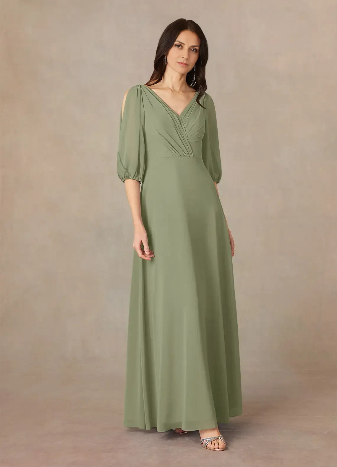 Weitese Dress Fashion A-Line V-Neck Ruched Chiffon Dress Floor-Length Dress Puff Sleeve V Back Mother of the Bride Dress