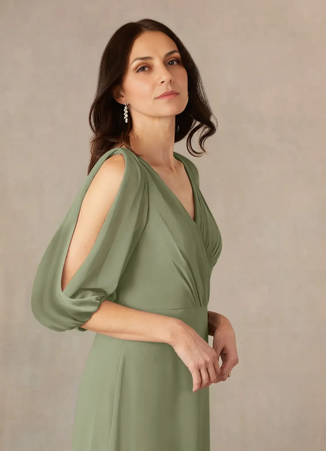 Weitese Dress Fashion A-Line V-Neck Ruched Chiffon Dress Floor-Length Dress Puff Sleeve V Back Mother of the Bride Dress