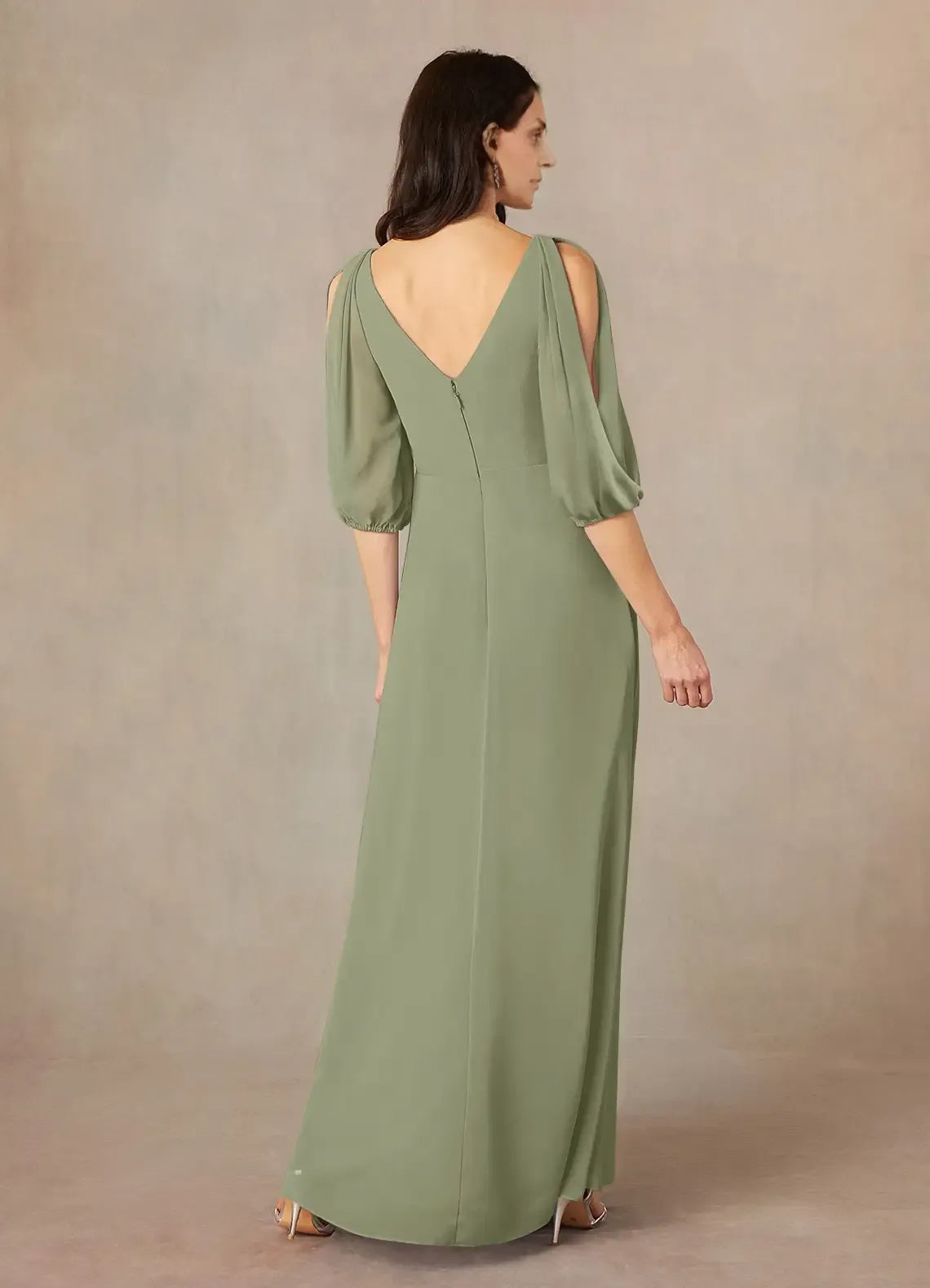 Weitese Dress Fashion A-Line V-Neck Ruched Chiffon Dress Floor-Length Dress Puff Sleeve V Back Mother of the Bride Dress