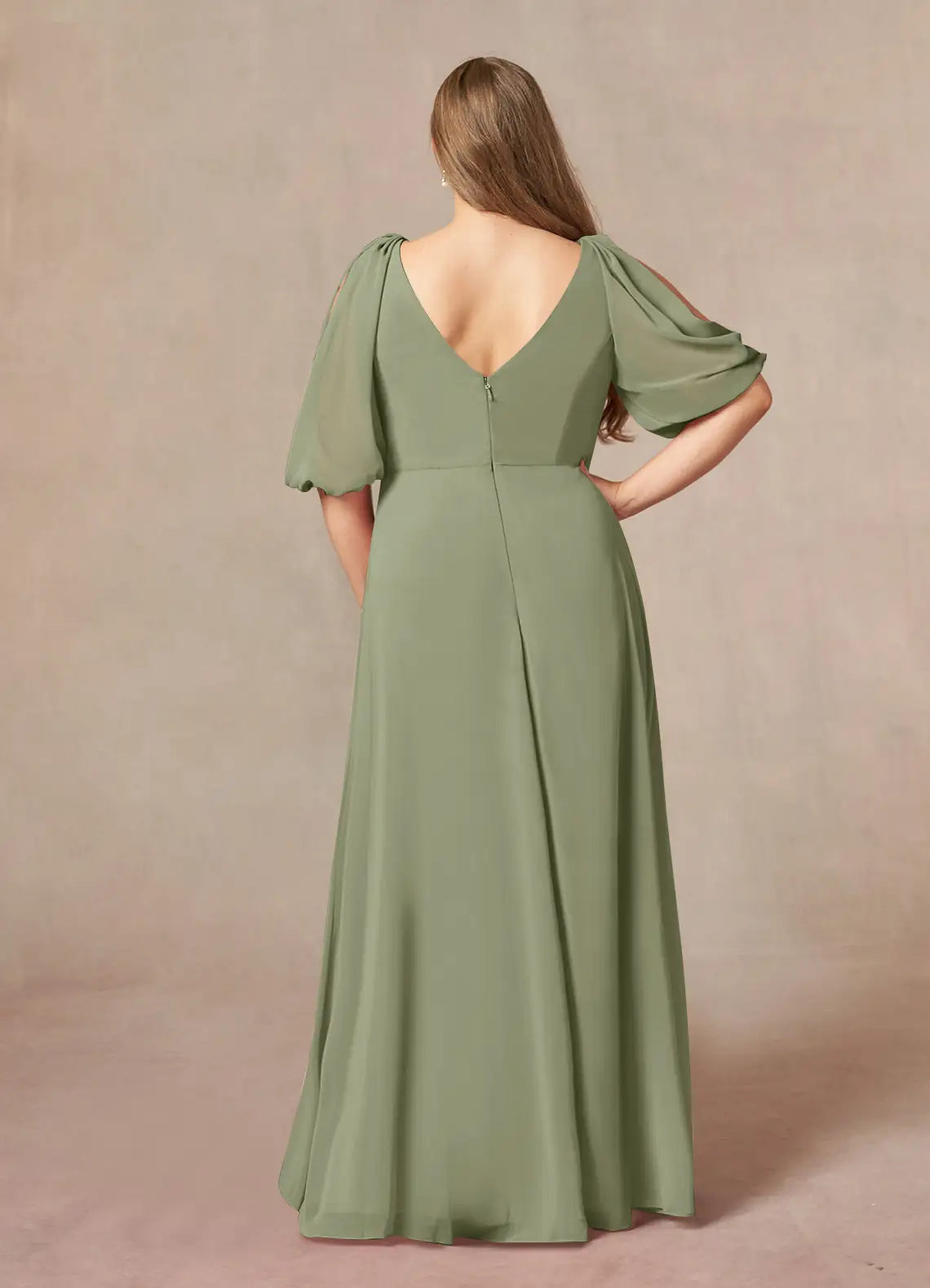 Robe Weitese Fashion A-Line Col en V Robe en mousseline froncée Longueur au sol Grande taille Robe mère de la mariée Manches bouffantes Dos en V Robe mère de la mariée 