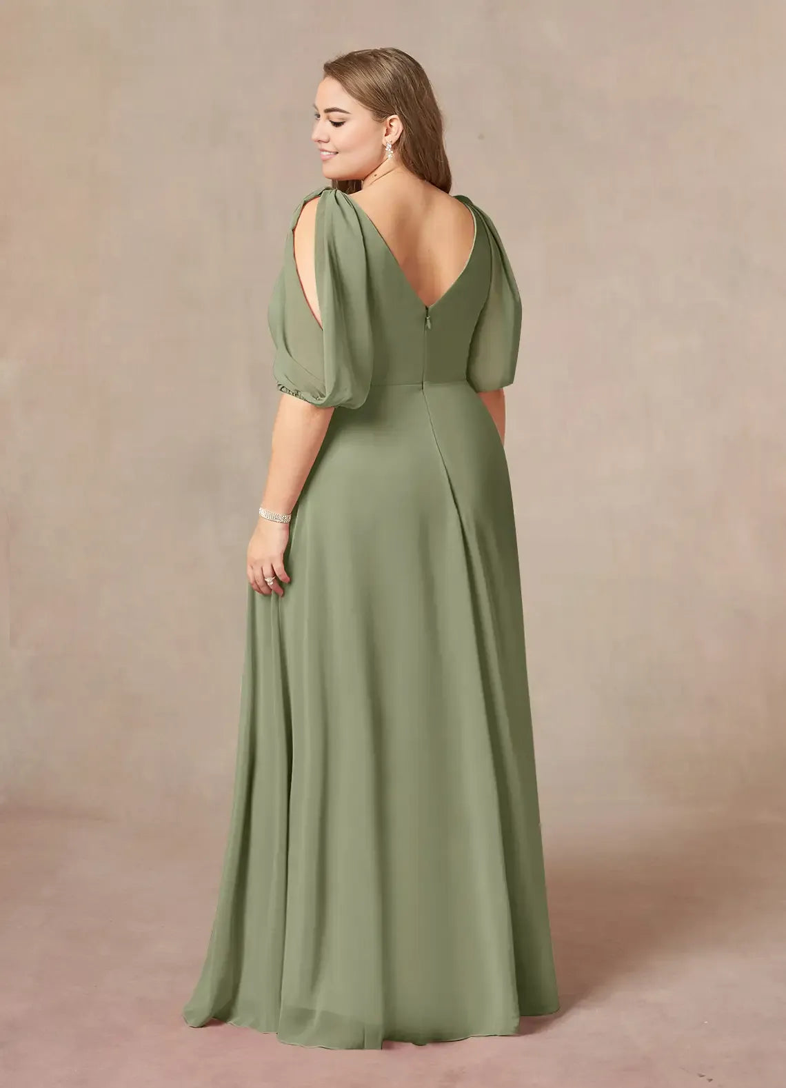 Robe Weitese Fashion A-Line Col en V Robe en mousseline froncée Longueur au sol Grande taille Robe mère de la mariée Manches bouffantes Dos en V Robe mère de la mariée 