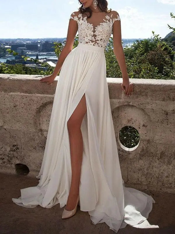 Weitese Dress Fashion A-line Lace Appliques Cap Sleeve Beach Wedding Dress Hight Slit Bride Dress