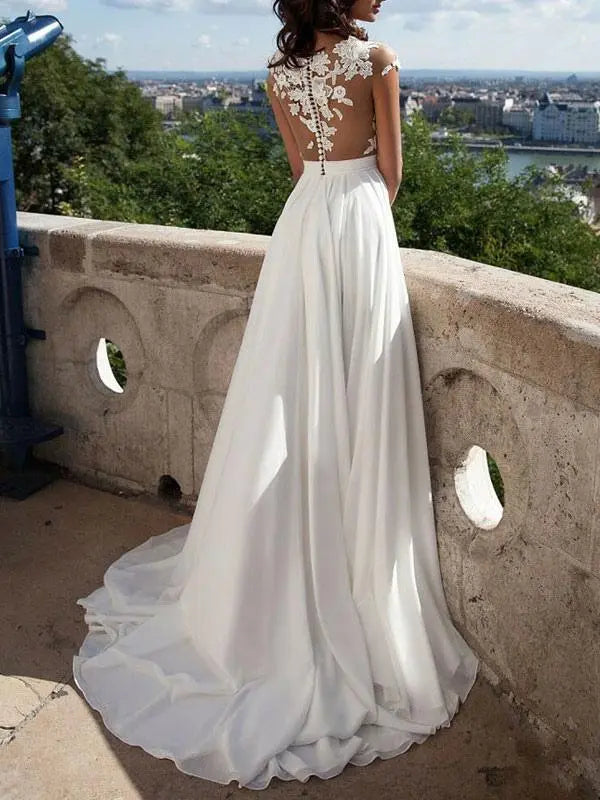 Weitese Dress Fashion A-line Lace Appliques Cap Sleeve Beach Wedding Dress Hight Slit Bride Dress