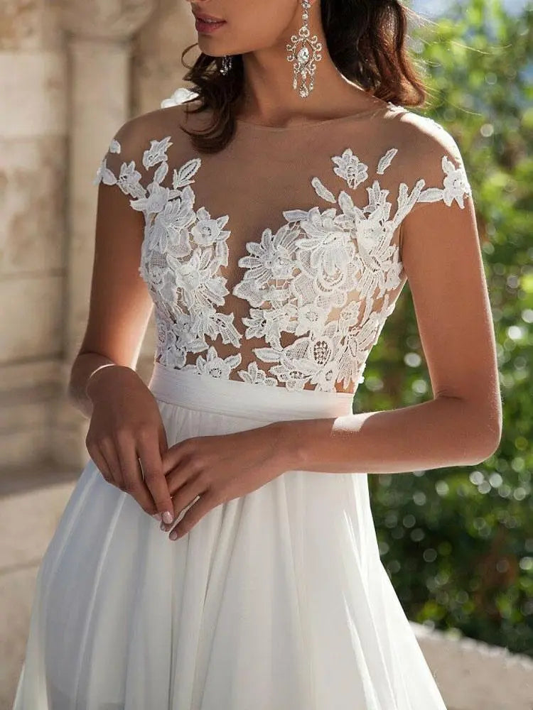 Weitese Dress Fashion A-line Lace Appliques Cap Sleeve Beach Wedding Dress Hight Slit Bride Dress